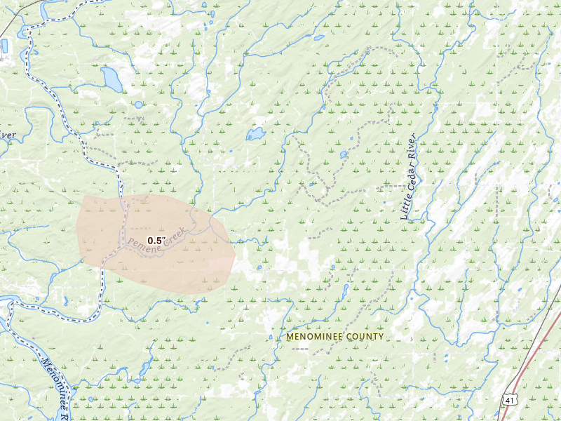 Radar-estimated hail-size map of the storm over Daggett, MI on Jul 30, 2026
