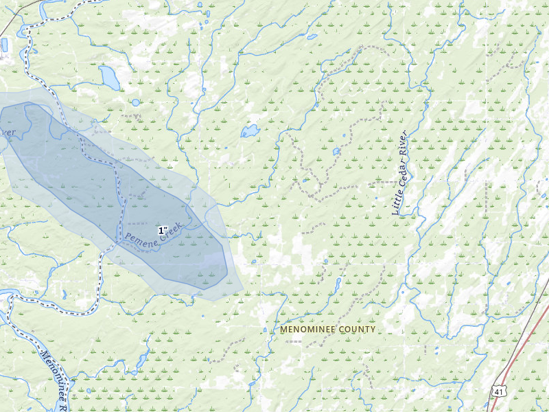 NEXRAD radar-signature map of the hail storm over Daggett, MI on Jul 30, 2026