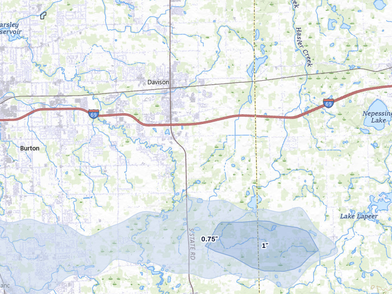 NEXRAD radar-signature map of the hail storm over Davison, MI on Mar 30, 2026