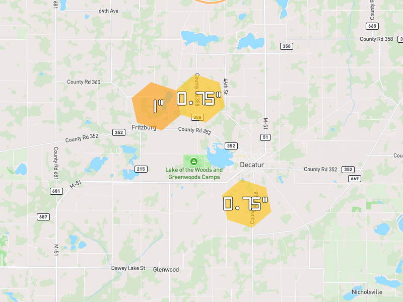 Hail map of Decatur, MI on Jul 28, 2026, hail up to 1"