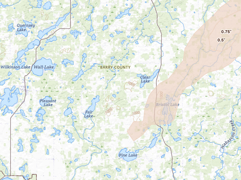 Radar-estimated hail-size map of the storm over Delton, MI on Jun 16, 2026