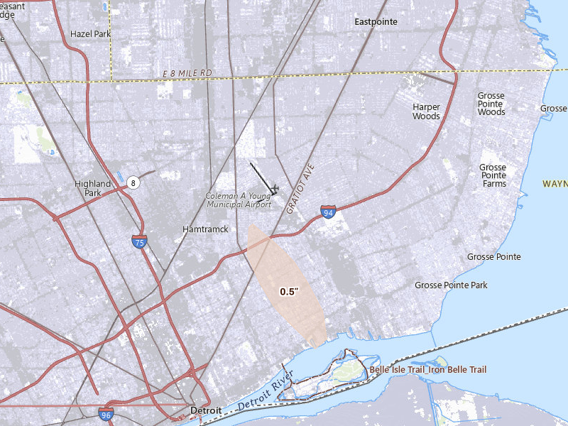 Radar-estimated hail-size map of the storm over Detroit, MI on Mar 8, 2026