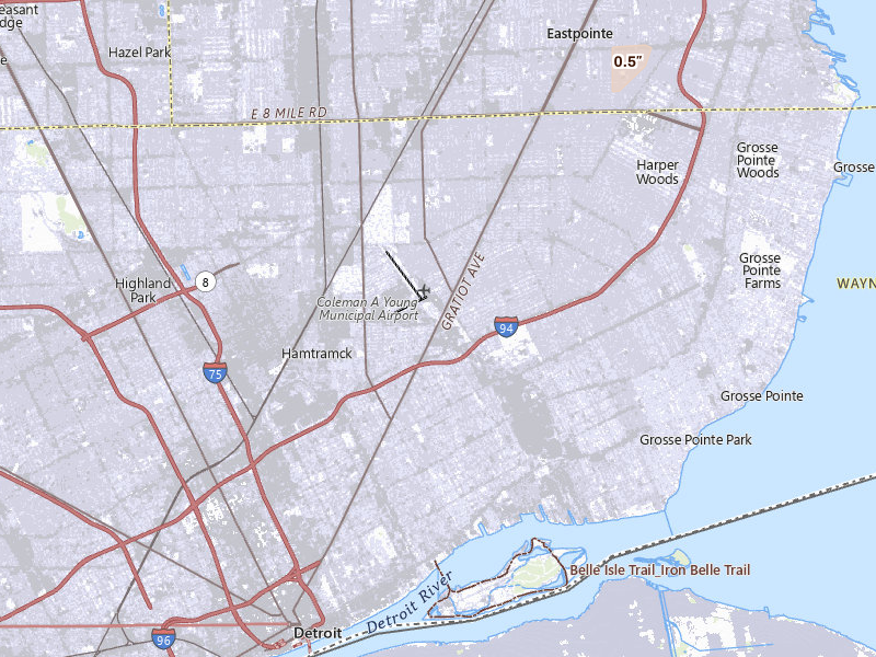 Radar-estimated hail-size map of the storm over Detroit, MI on May 4, 2026