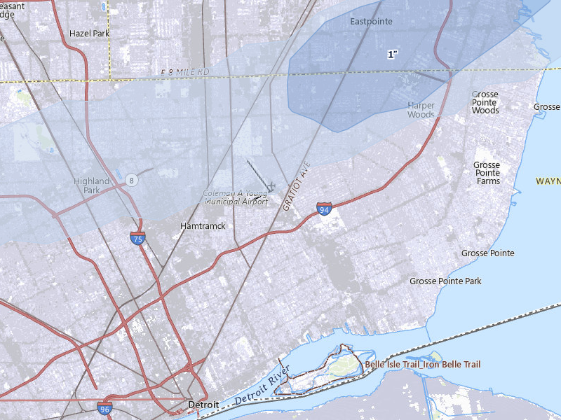 NEXRAD radar-signature map of the hail storm over Detroit, MI on May 4, 2026