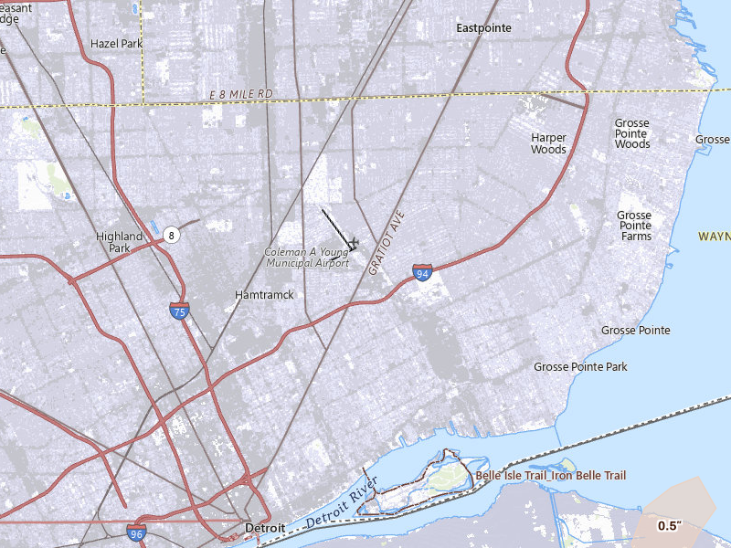 Radar-estimated hail-size map of the storm over Detroit, MI on Jul 3, 2026