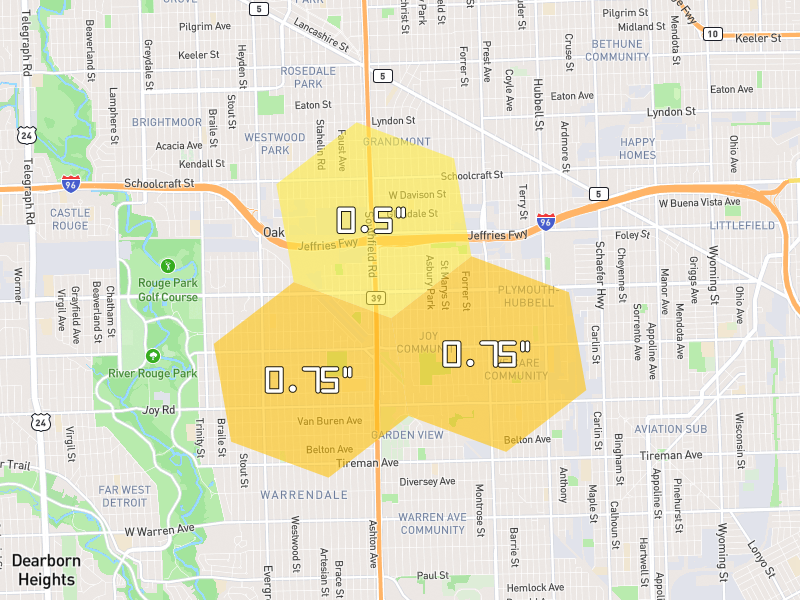 Hail map of Detroit, MI on Jul 3, 2026, hail up to 0.75"
