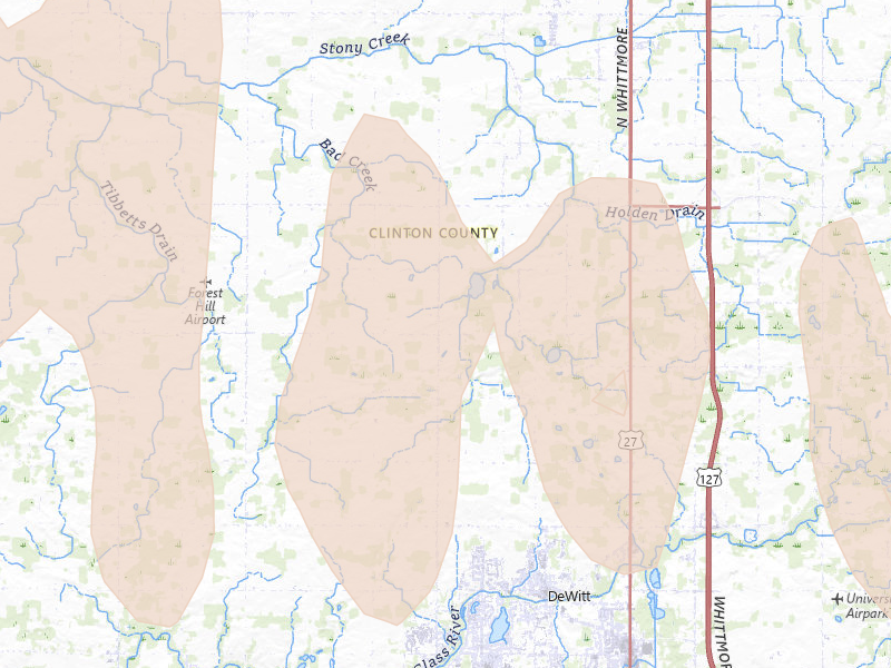 Radar-estimated hail-size map of the storm over Dewitt, MI on May 15, 2026