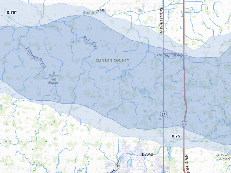 NEXRAD radar-signature map of the hail storm over Dewitt, MI on May 15, 2026