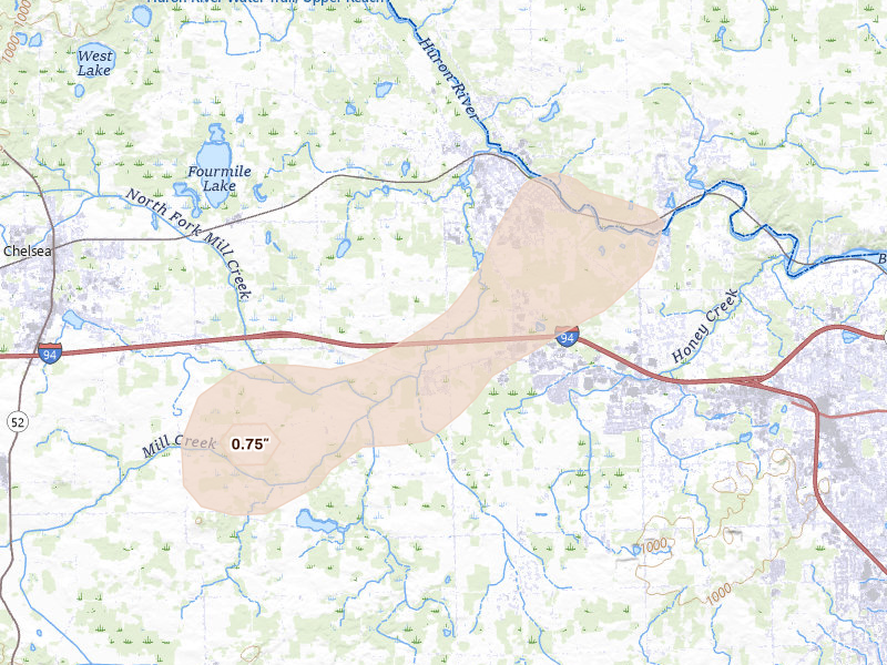 Radar-estimated hail-size map of the storm over Dexter, MI on Jul 3, 2026
