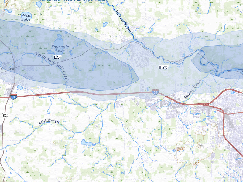 NEXRAD radar-signature map of the hail storm over Dexter, MI on Jul 3, 2026