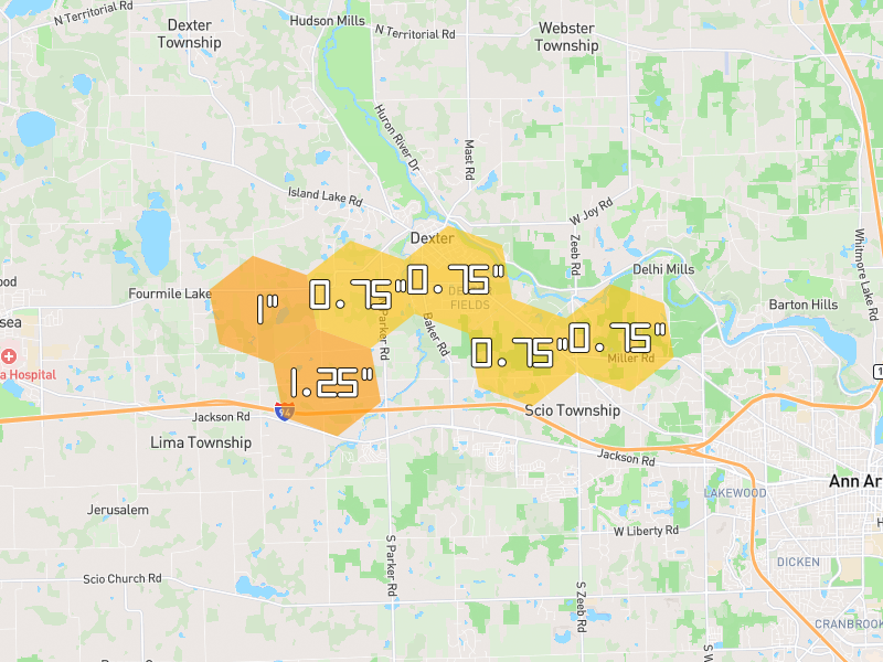 Hail map of Dexter, MI on Jul 3, 2026, hail up to 1.25"
