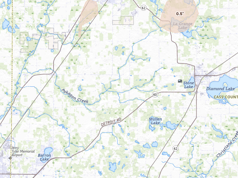 Radar-estimated hail-size map of the storm over Dowagiac, MI on Jul 3, 2026