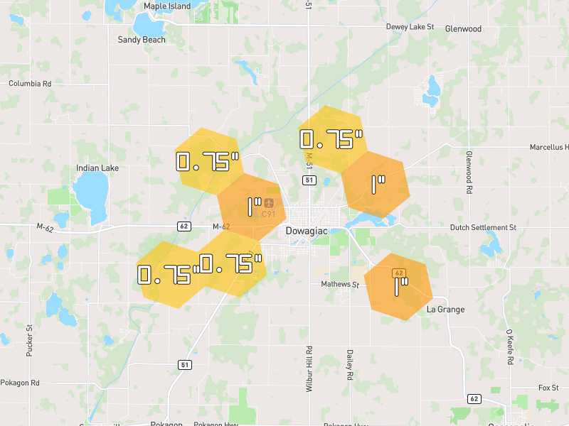 Hail map of Dowagiac, MI on Jul 3, 2026, hail up to 1"