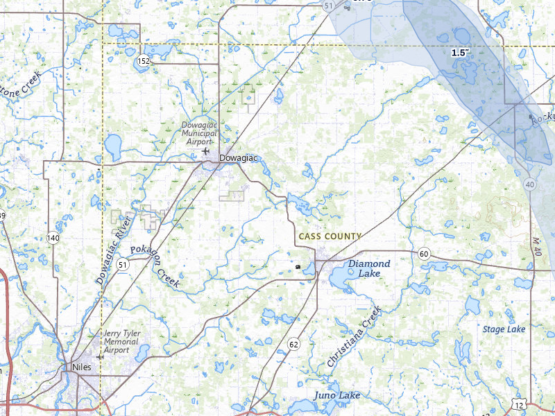 NEXRAD radar-signature map of the hail storm over Dowagiac, MI on Jul 27, 2026