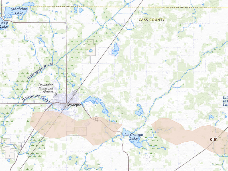 Radar-estimated hail-size map of the storm over Dowagiac, MI on Aug 10, 2026