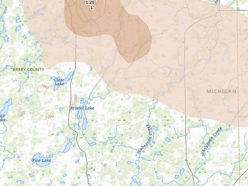 Radar-estimated hail-size map of the storm over Dowling, MI on Sep 3, 2026