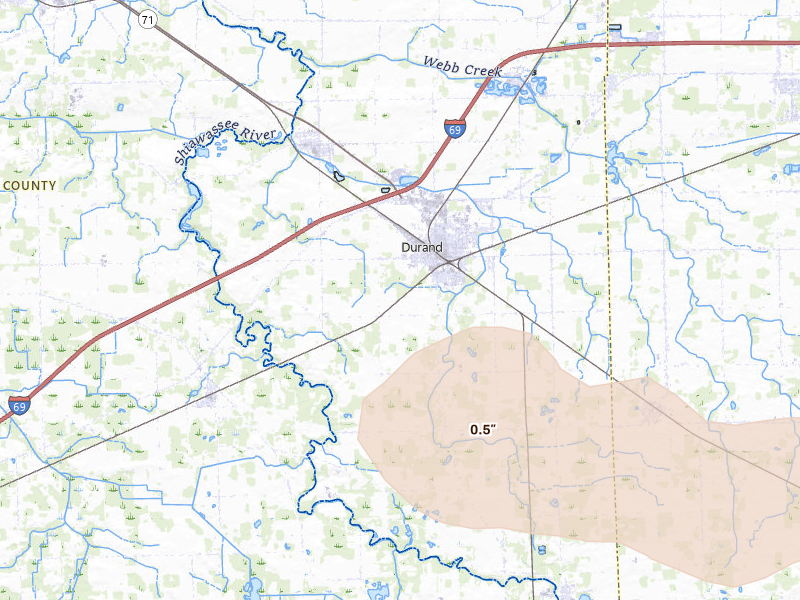 Radar-estimated hail-size map of the storm over Durand, MI on Sep 3, 2026