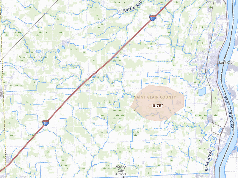 Radar-estimated hail-size map of the storm over East China, MI
