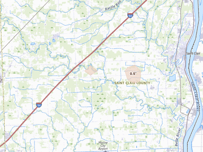 Radar-estimated hail-size map of the storm over East China, MI on Jul 21, 2026