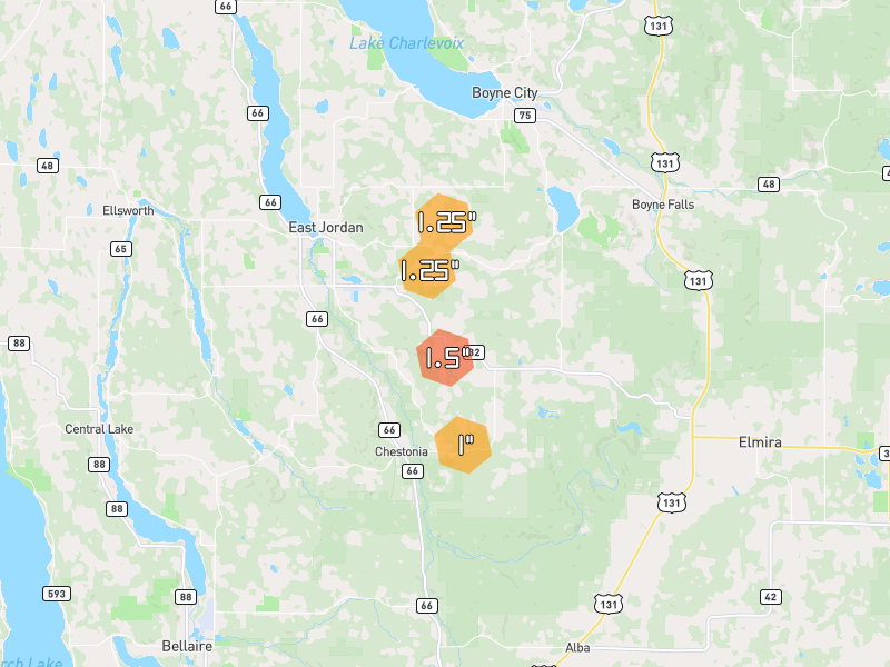 Hail map of East Jordan, MI on Jul 13, 2026, hail up to 1.5"