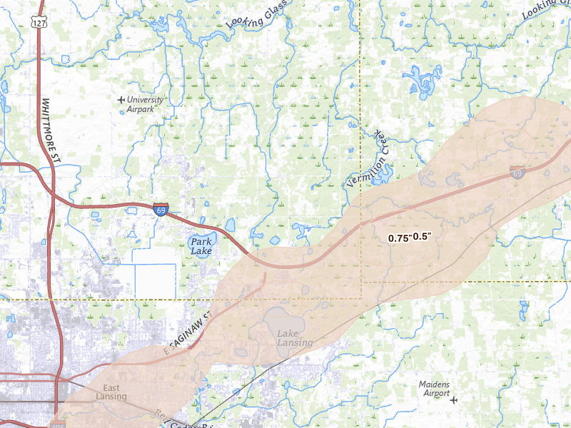 Radar-estimated hail-size map of the storm over East Lansing, MI on Mar 6, 2026