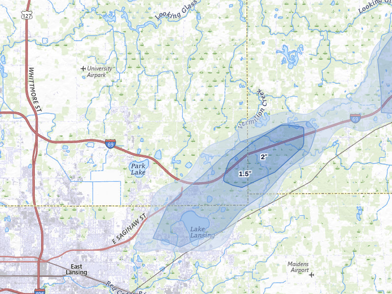 NEXRAD radar-signature map of the hail storm over East Lansing, MI on Mar 6, 2026