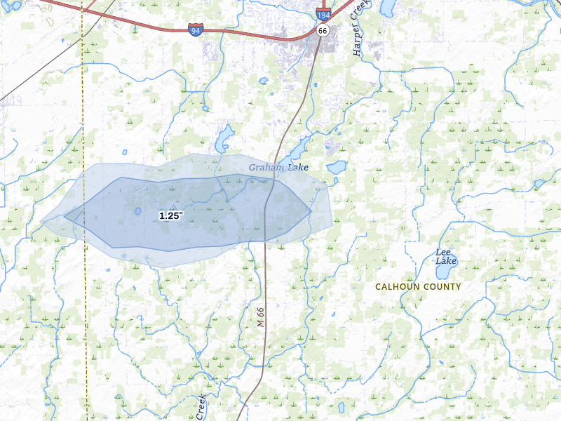 NEXRAD radar-signature map of the hail over East Leroy, MI