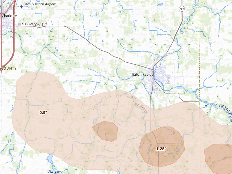 Radar-estimated hail-size map of the storm over Eaton Rapids, MI on Mar 30, 2026