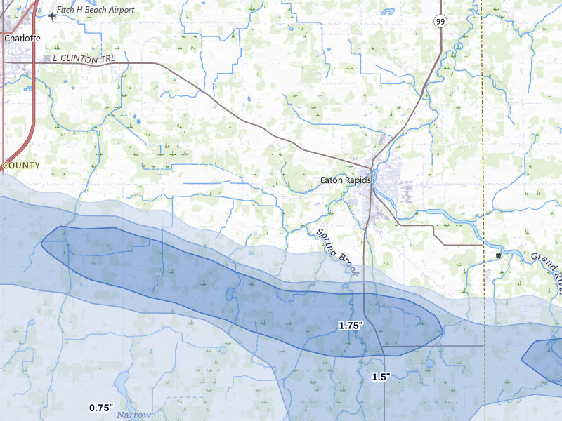 NEXRAD radar-signature map of the hail over Eaton Rapids, MI