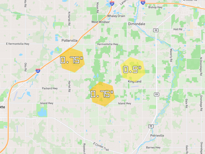 Hail map of Eaton Rapids, MI on Jul 3, 2026, hail up to 0.75"