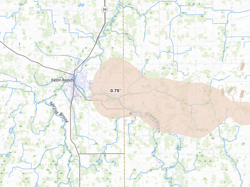 Radar-estimated hail-size map of the storm over Eaton Rapids, MI on Sep 3, 2026