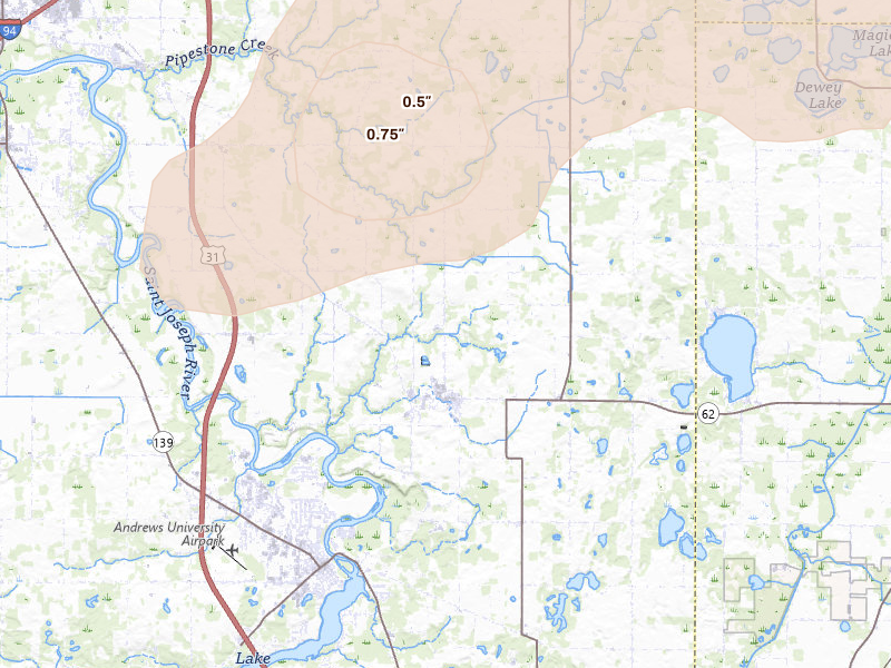 Radar-estimated hail-size map of the storm over Eau Claire, MI on Aug 9, 2026