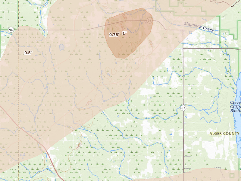Radar-estimated hail-size map of the storm over Eben Junction, MI on Jun 30, 2026