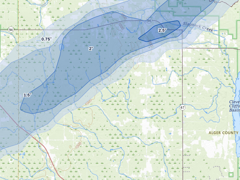 NEXRAD radar-signature map of the hail storm over Eben Junction, MI on Jun 30, 2026