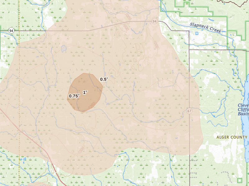 Radar-estimated hail-size map of the storm over Eben Junction, MI on Jul 12, 2026