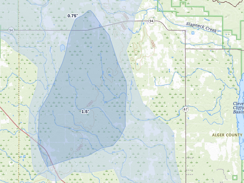 NEXRAD radar-signature map of the hail storm over Eben Junction, MI on Jul 12, 2026