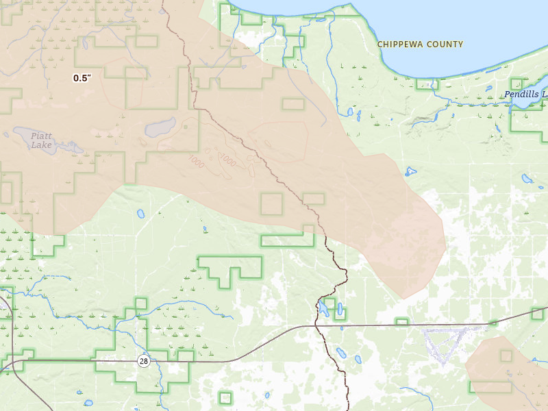 Radar-estimated hail-size map of the storm over Eckerman, MI on Jul 26, 2026