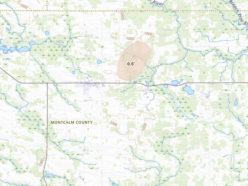 Radar-estimated hail-size map of the storm over Edmore, MI on Jun 10, 2026