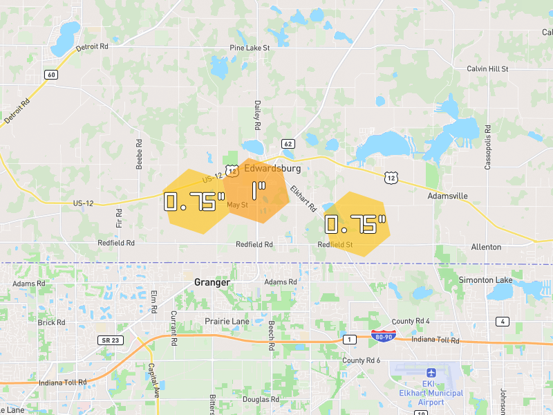 Hail map of Edwardsburg, MI on Jul 21, 2026, hail up to 1"