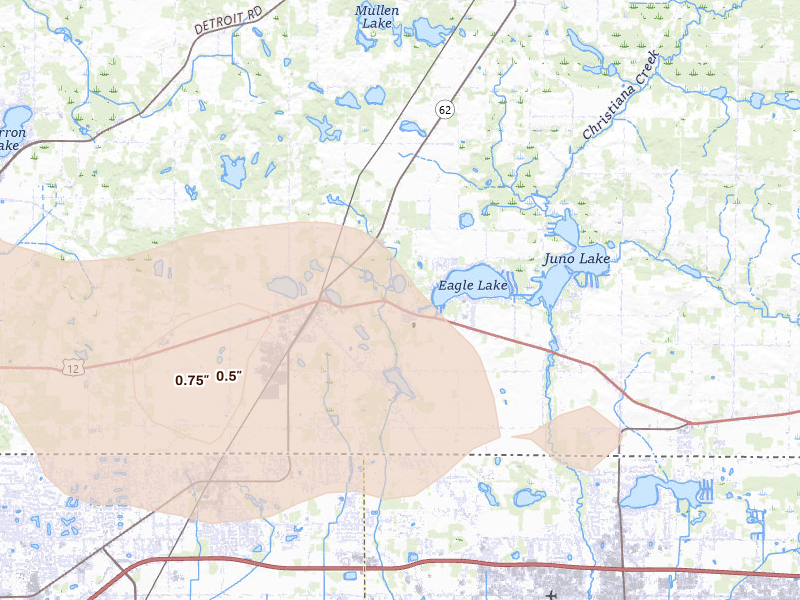 Radar-estimated hail-size map of the storm over Edwardsburg, MI on Aug 9, 2026