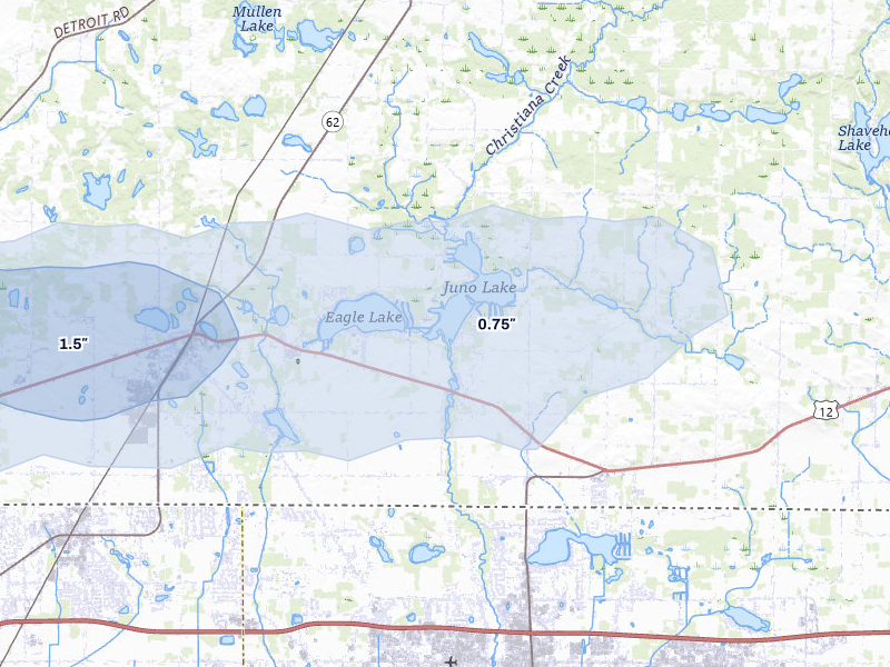 NEXRAD radar-signature map of the hail storm over Edwardsburg, MI on Aug 9, 2026