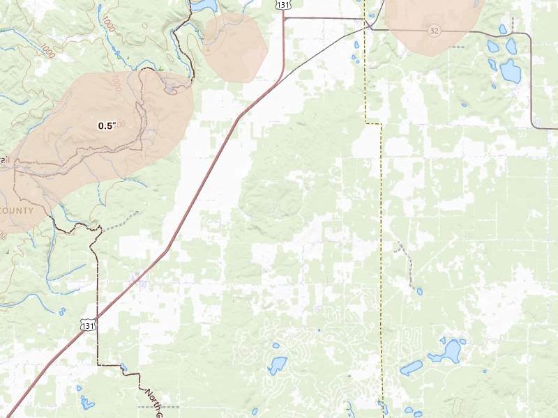Radar-estimated hail-size map of the storm over Elmira, MI on May 18, 2026