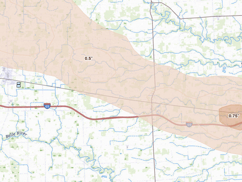 Radar-estimated hail-size map of the storm over Emmett, MI on Sep 2, 2026