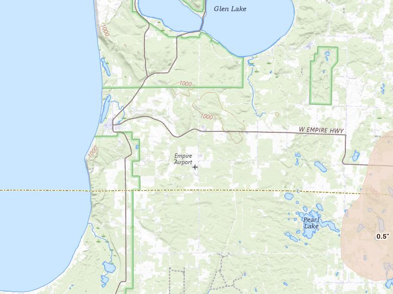 Radar-estimated hail-size map of the storm over Empire, MI on Jul 12, 2026