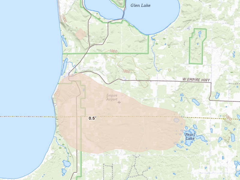 Radar-estimated hail-size map of the storm over Empire, MI on Jul 20, 2026