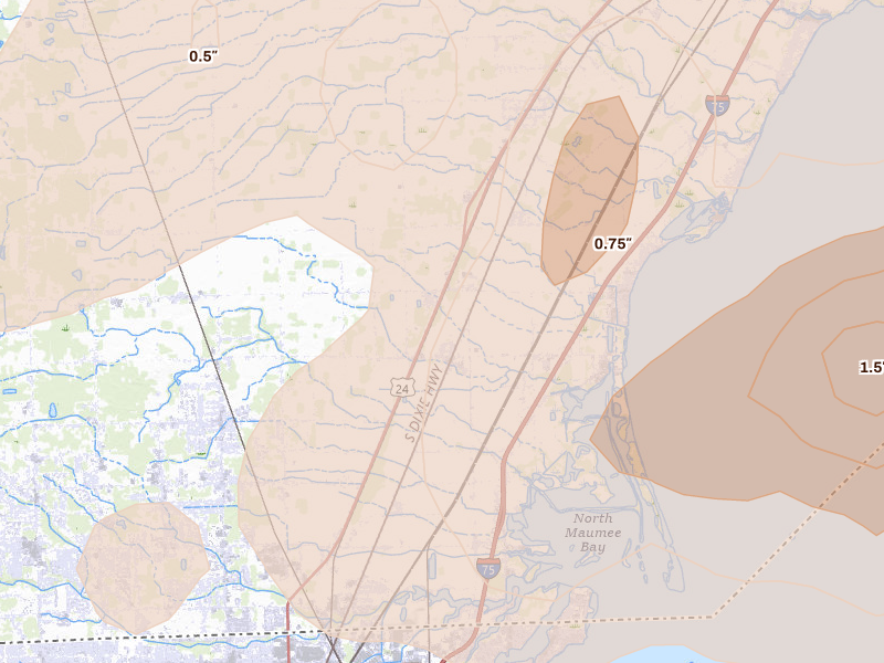 Radar-estimated hail-size map of the storm over Erie, MI on Aug 9, 2026