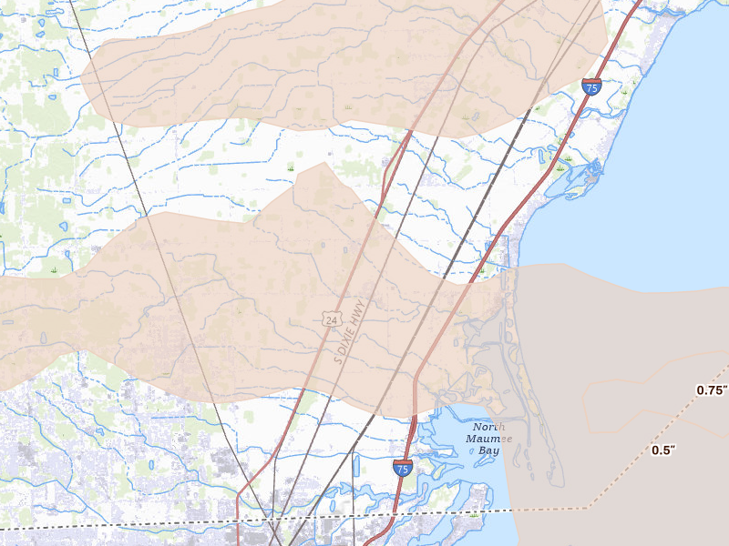 Radar-estimated hail-size map of the storm over Erie, MI on Sep 3, 2026