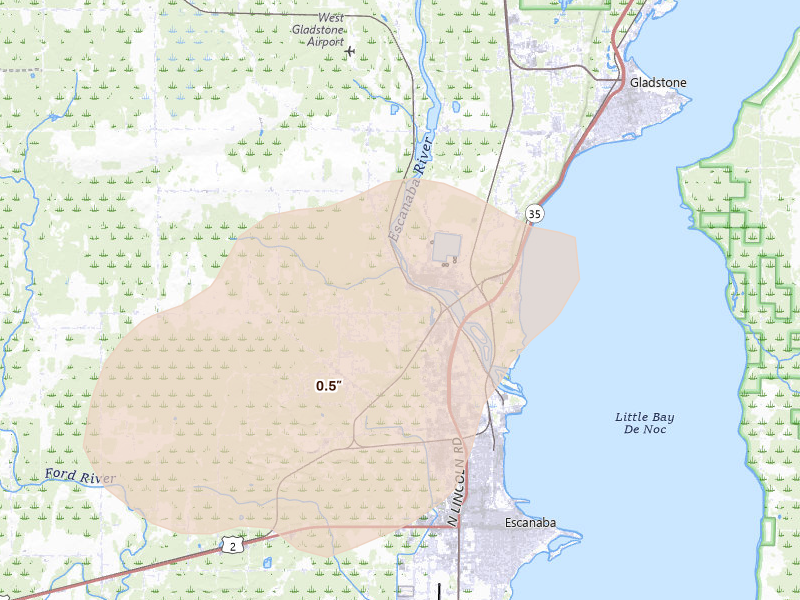 Radar-estimated hail-size map of the storm over Escanaba, MI on Jun 28, 2026