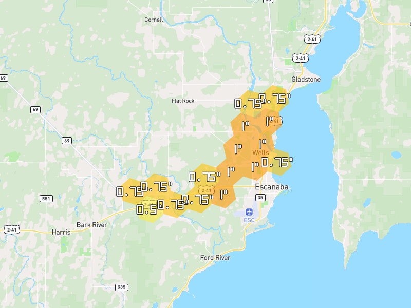 Hail map of Escanaba, MI on Jun 29, 2026, hail up to 1"