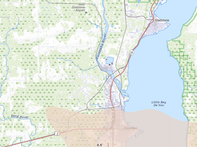 Radar-estimated hail-size map of the storm over Escanaba, MI on Jul 20, 2026
